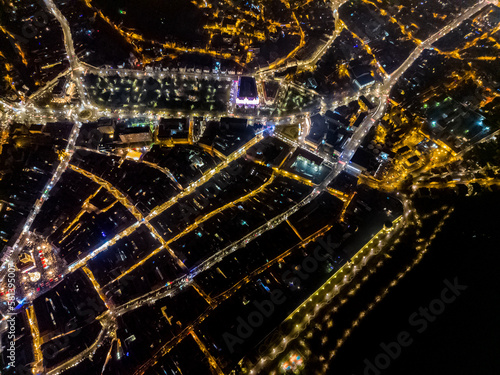 drone view of city streets at night public illumination at night from view from above 