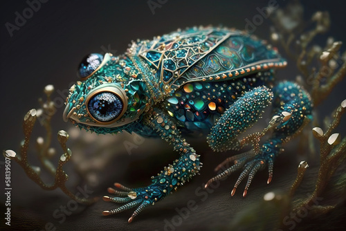 A cute jewel frog. In luxury design, covered with emerald, diamond, sapphire and gold. AI generated illustration.