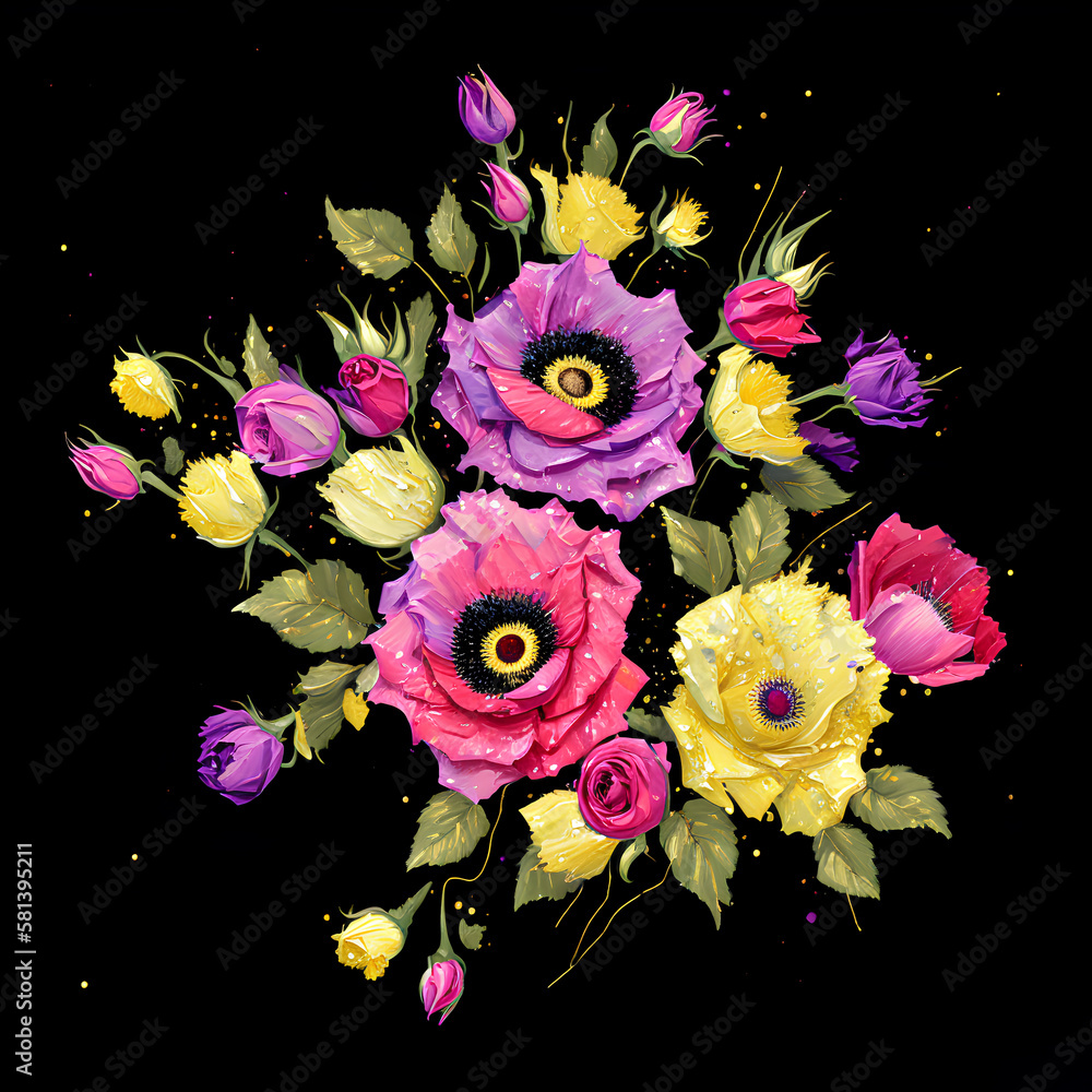 Glitter oil painting bouquet of flowers, Glittery sparkling flower