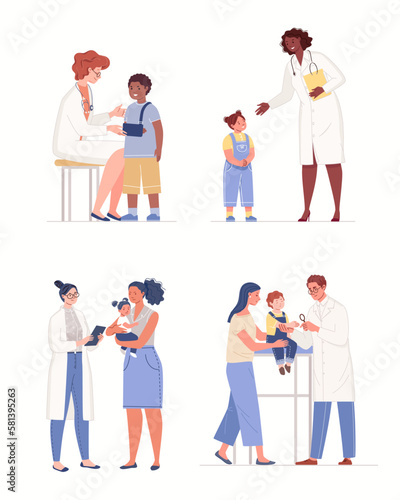 Set of plot illustrations of children's medical diagnostics "physician and Patient". Child is examined by various highly specialized doctors. Vector characters flat cartoon.