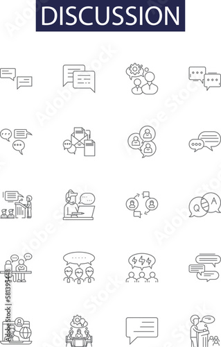 Discussion line vector icons and signs. Dialogue, Exchange, Talk, Contest, Colloquy, Conversation, Deliberation, Conference outline vector illustration set