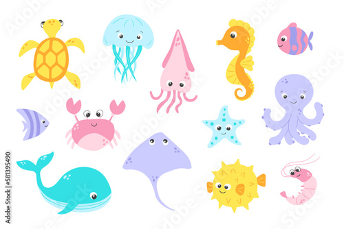 Vector cute fish and wild marine animals collection in flat style. Colourful set of ocean and sea life