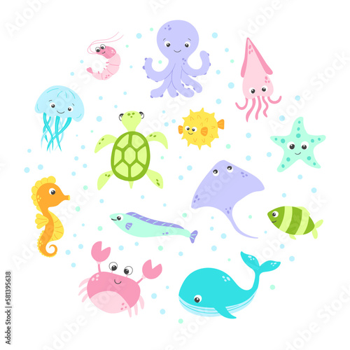 Vector cute fish and wild marine animals circle collection in flat style. Colourful set of ocean and sea life