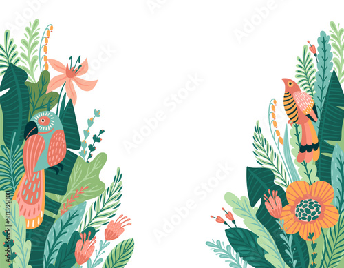 Abstract tropical illustration. Isolated border for shop window, posters, covers, cards, interior decor and other