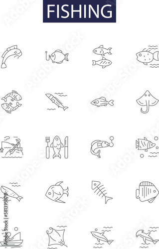 Fishing line vector icons and signs. Reeling, Casting, Trolling, Taungya, Gillnetting, Yoyo, Drift-Netting, Baiting outline vector illustration set