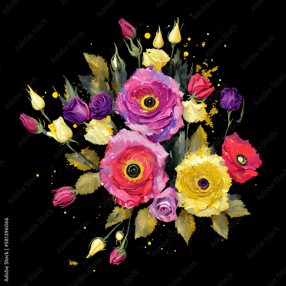 Glitter oil painting bouquet of flowers, Glittery sparkling flower