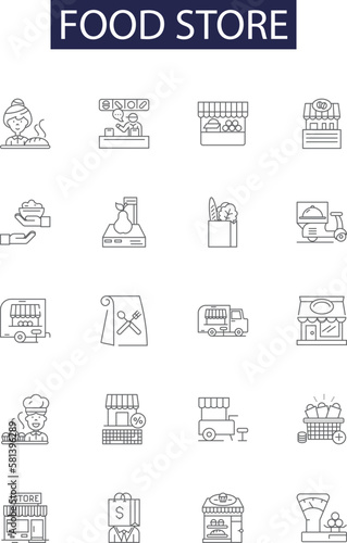 Food store line vector icons and signs. Supermarket, Provisions, Pantry, Purveyor, Provisioner, Provisionary, Commissary, Greengrocer outline vector illustration set