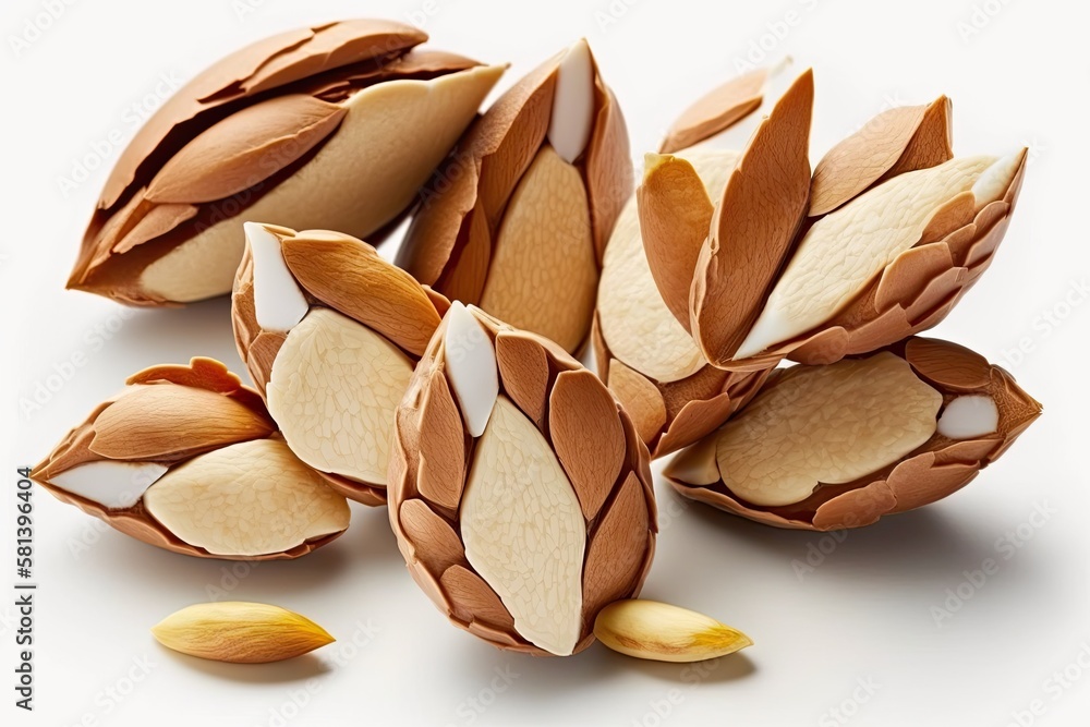 Delicious almond pieces on a white backdrop. Generative AI Delicious almond pieces on a white backdrop. Generative AI