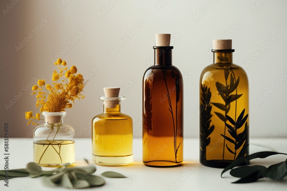 Selection of essential oils, with herbs and flowers in the background Selection of essential oils, with herbs and flowers in the background