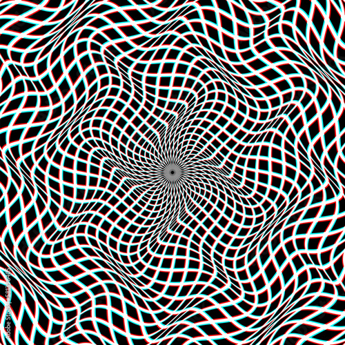 Optical art background of black and red cyan curved squares in a distorted circle. Psychedelic round checkered ornament design.