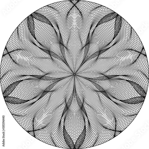 Optical art patterned circle of black wavy lines. Moire circular five-petals guilloche pattern, background design.