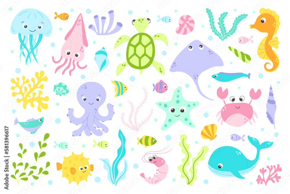 Vector cute fish and wild marine animals big collection in flat style. Colourful set of ocean and sea life