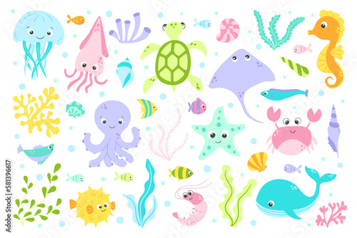 Vector cute fish and wild marine animals big collection in flat style. Colourful set of ocean and sea life