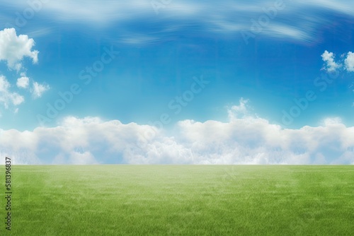 Large trimmed green grass soccer field with beautiful cloudy blue sky and copy space. Generative AI
