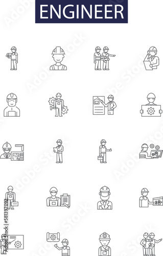 Engineer line vector icons and signs. technologist, technician, inventor, fabricator, draftsman, surveyor, architect, designer outline vector illustration set