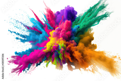 Holi color powder explosion with rainbow on isolated white background, burst of vibrant colors. Generative AI