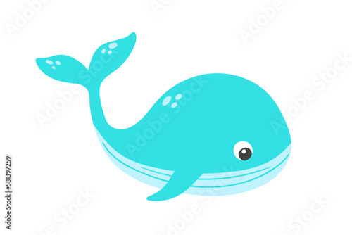 Vector cute cartoon blue whale in flat style.Illustration of sea animal character
