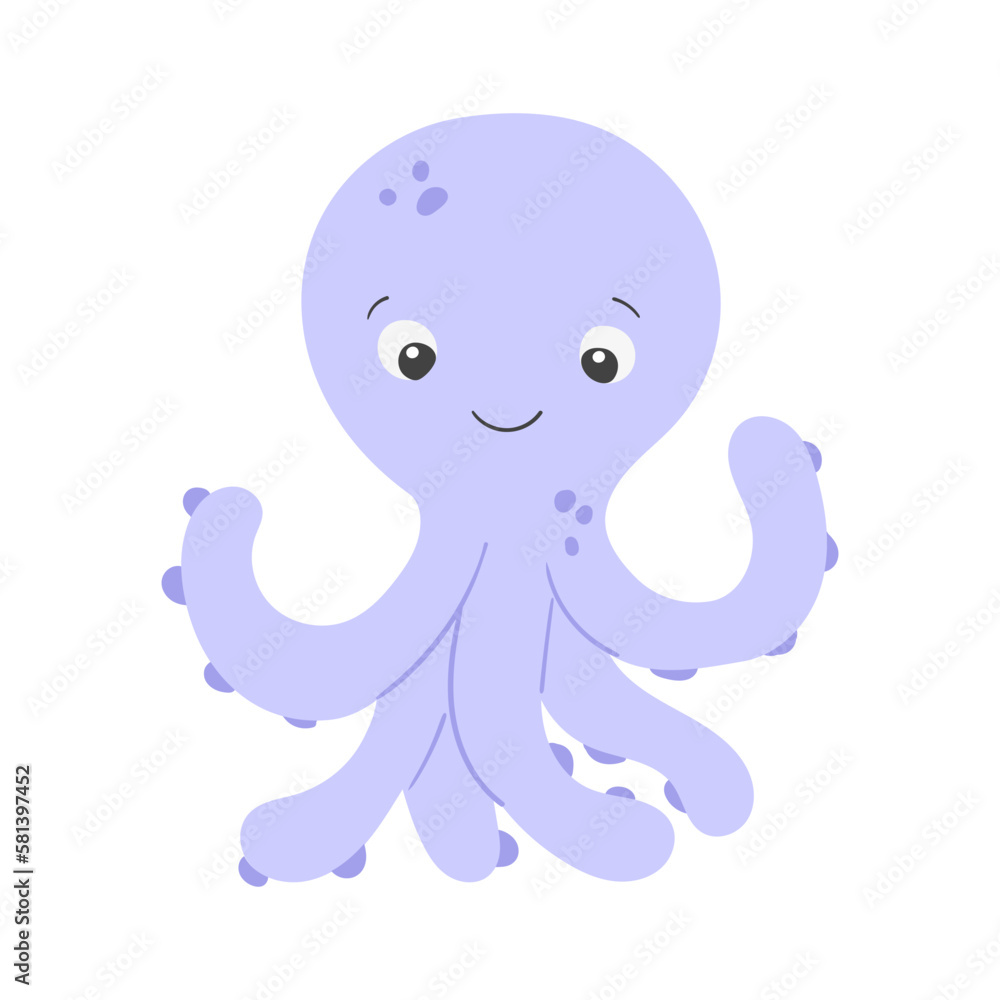 Vector cute cartoon purple octopus in flat style. Illustration of sea animal character Vector cute cartoon purple octopus in flat style. Illustration of sea animal character
