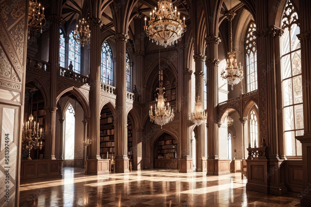 a fantasy castle, interior of Gothic Architecture, Fantasy scenery, Illustration, Generative AI