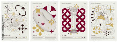 Brutalist style vector minimalistic Posters with strange wireframes graphic assets of geometrical shapes and silhouette basic figures, Modern color print artwork, set 15