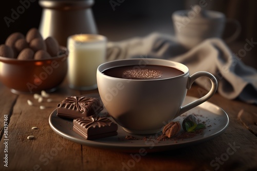 mug with luxurious hot chocolate with whipped cream.