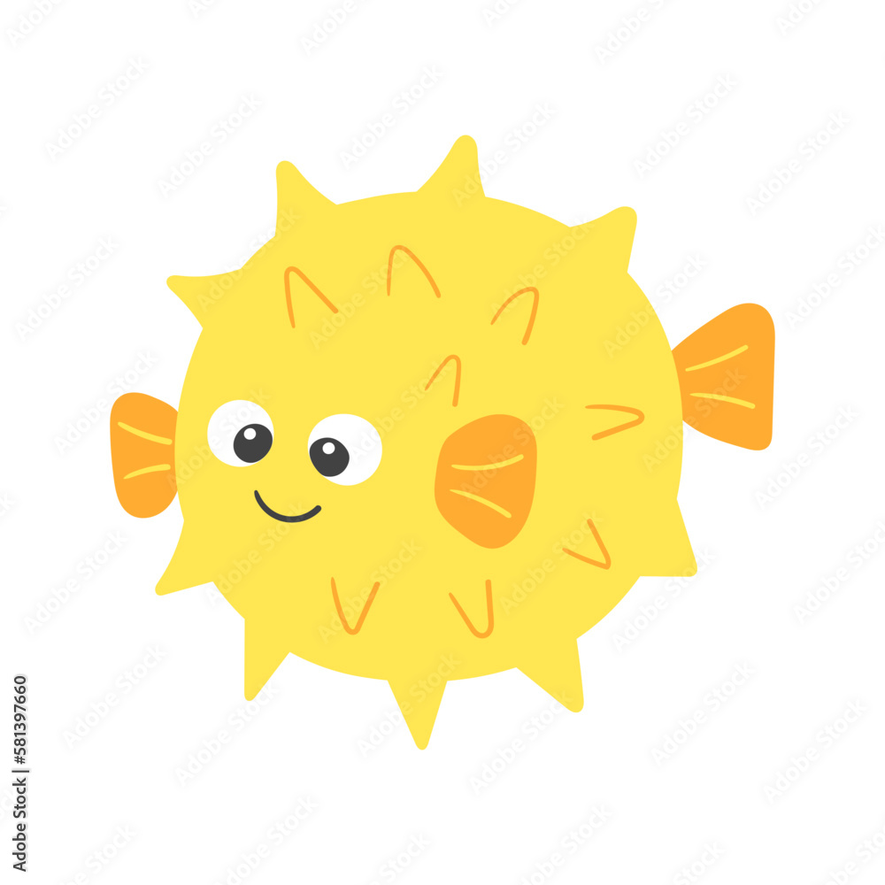 Vector cute cartoon yellow blow fish in flat style. Illustration of sea animal character