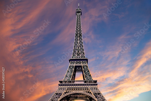  Eiffel Tower against the background of a beautiful sky at sunset. Paris  France
