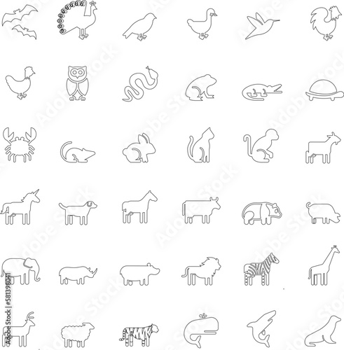 Icons, black and white lines, animals, pets, wild animals