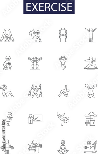 Exercise line vector icons and signs. Exercise, Gym, Fitness, Aerobics, Jogging, Running, Training, Pilates outline vector illustration set