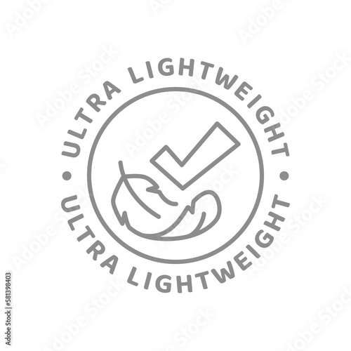 Bird feather and checkmark line vector label, light weight. Ultra lightweight outline badge.