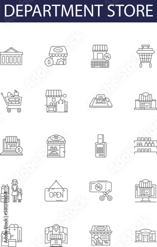 Department store line vector icons and signs. Store, Shopping, Boutique, Marketplace, Bazaar, Merchandise, Emporium, Outlet outline vector illustration set