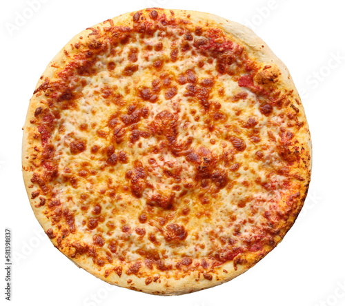 cheese pizza that is unsliced shot from top down view and isolated