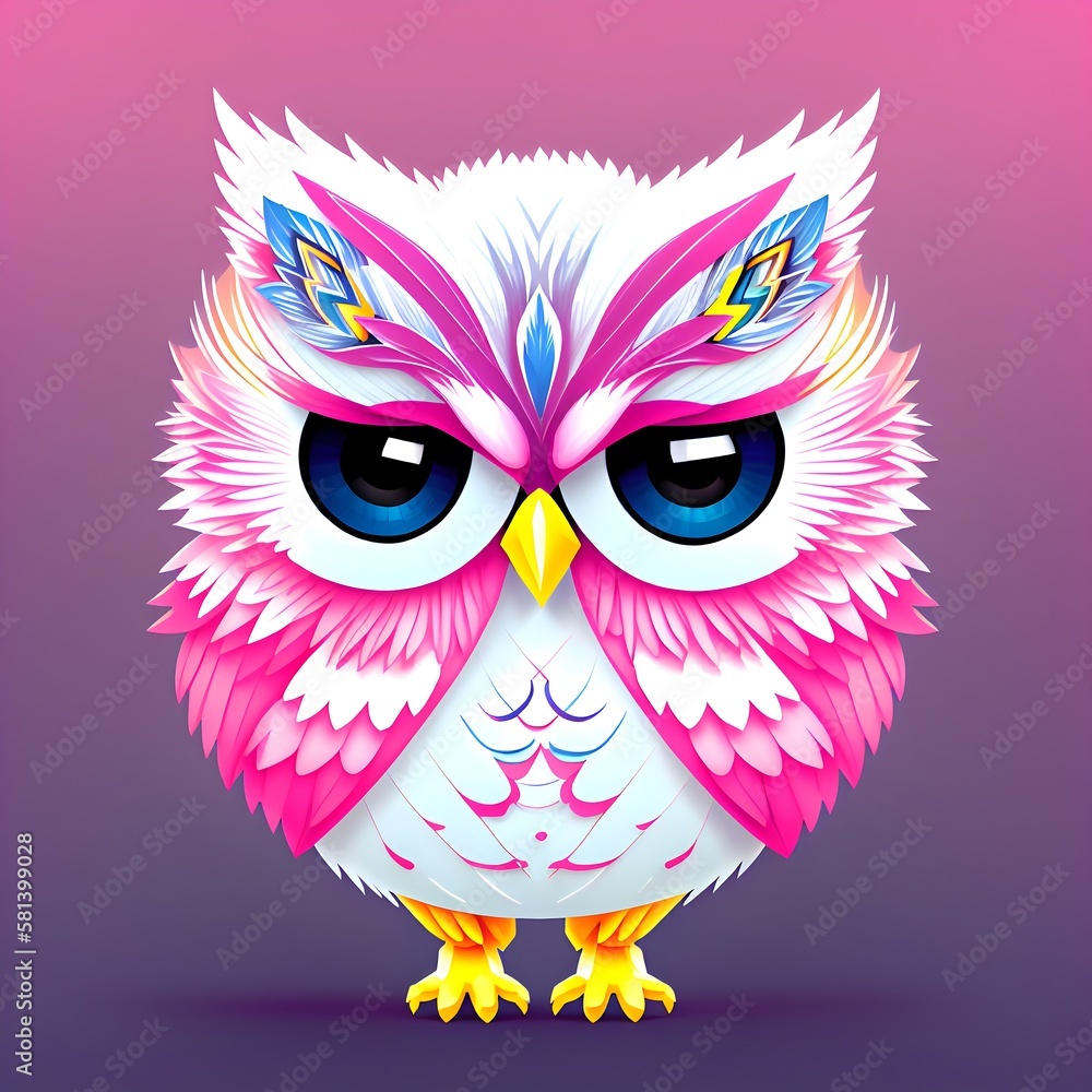 Little owl cartoon style with white and pink colors. Generative AI