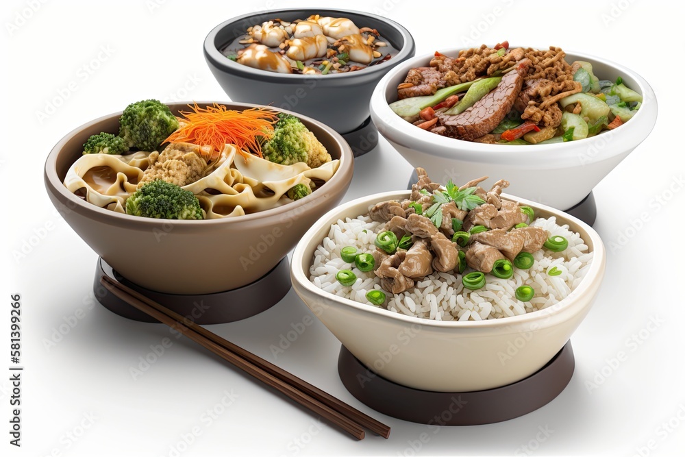 Delicious Chinese food on a set of bowls against a white background. Generative AI Delicious Chinese food on a set of bowls against a white background. Generative AI