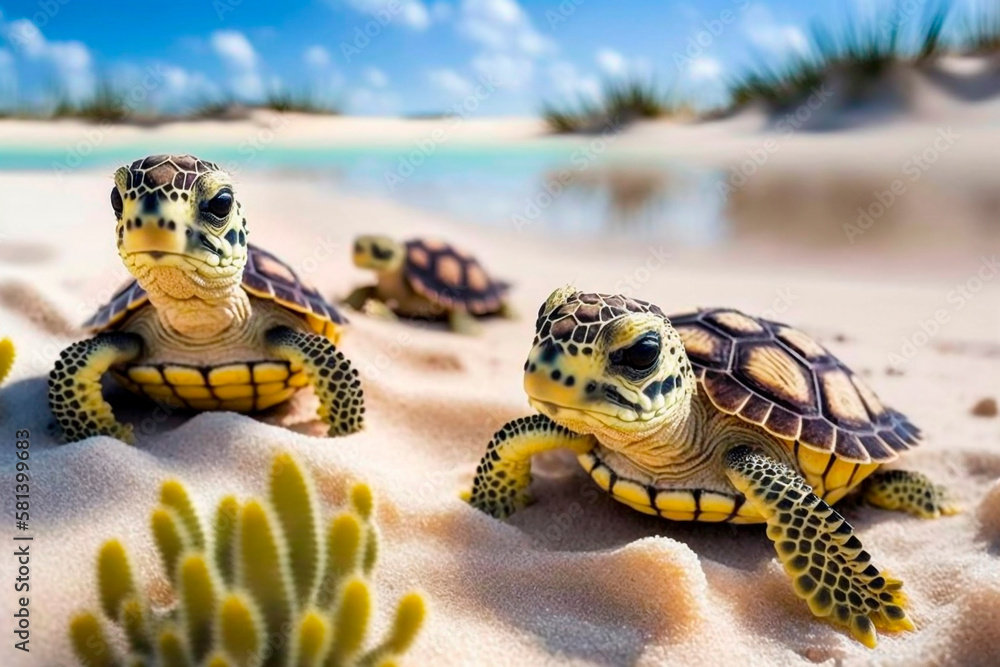 Baby turtles on a paradise beach, generative ai