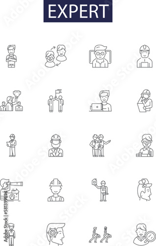 Expert line vector icons and signs. proficient, adroit, adept, masterful, savvy, knowledgeable, sage, erudite outline vector illustration set