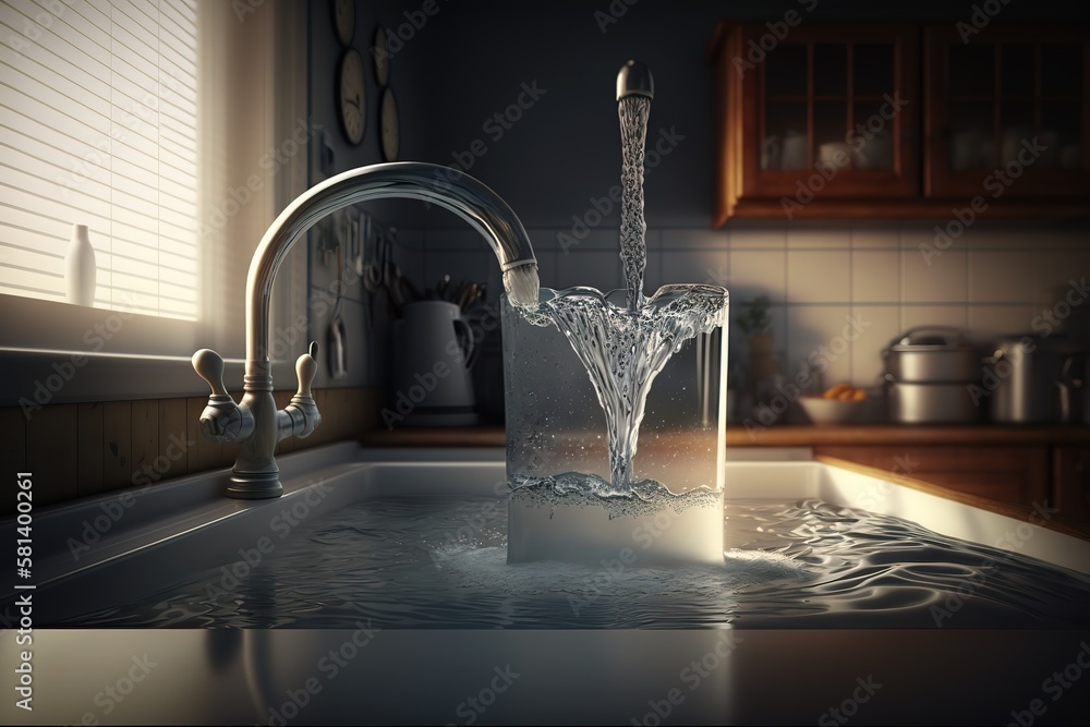 water running through a tap in the kitchen, a realistic image, AI ...