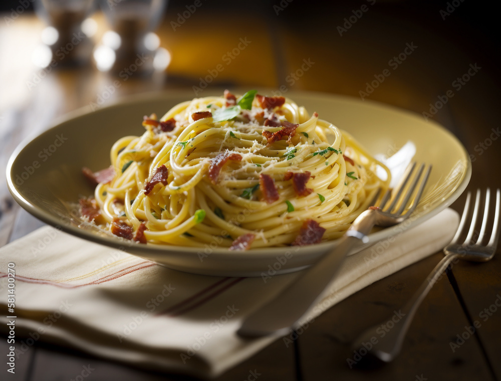 A captivating shot of a steamy plate of spaghetti carbonara with crispy pancetta bits peeking out. 