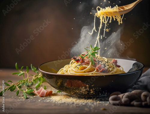 A captivating shot of a steamy plate of spaghetti carbonara with crispy pancetta bits peeking out. 