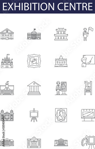 Exhibition centre line vector icons and signs. Centre, Hall, Showroom, Forum, Arena, Complex, Pavilion, Venue outline vector illustration set