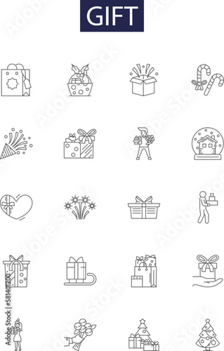 Gift line vector icons and signs. Reward, Offering, Token, Souvenir, Box, Certificate, Parcel, Package outline vector illustration set