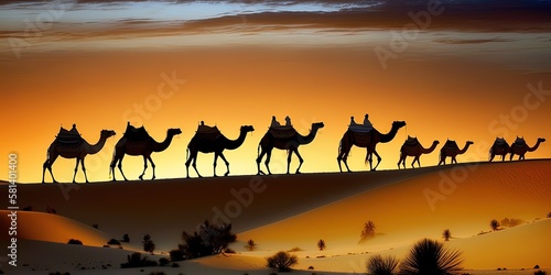 A long line of camels silhouetted against the setting sun, trekking through the desert.