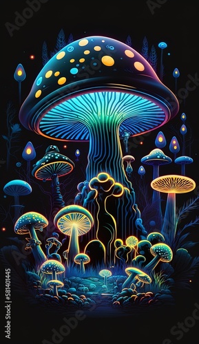 Glowing magic mushrooms on dark background, AI generative