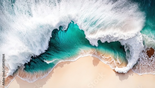 Seaside with white sandy beach  abstract natural ocean tropical background  overhead view directly from above  AI generative