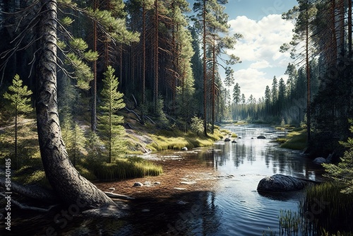 Landscape with river in taiga forest, AI generative photo