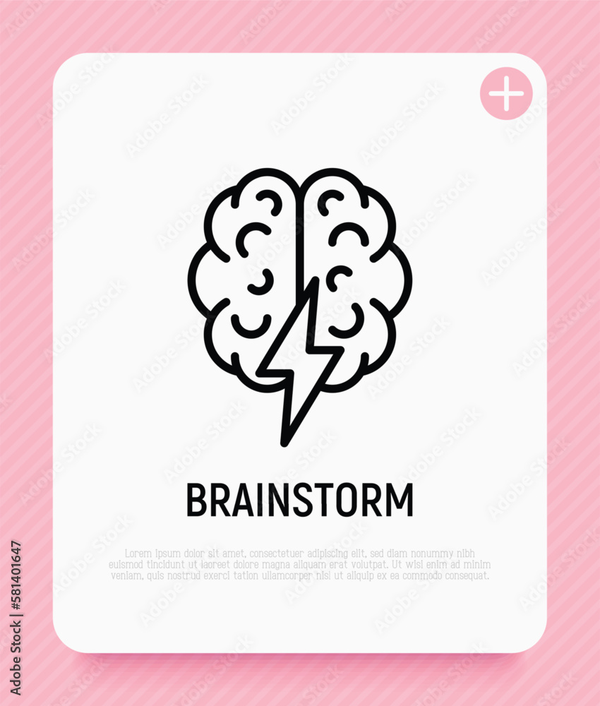 Fototapeta premium Brainstorm thin line icon: brain with flash. Creativity, inspiration, imagination. Modern vector illustration.