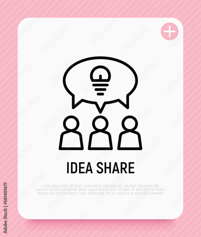 Idea sharing thin line icon. Group of people is brainstorming. Teamwork. Speech bubble with light bulb. Modern vector illustration. Idea sharing thin line icon. Group of people is brainstorming. Teamwork. Speech bubble with light bulb. Modern vector illustration.