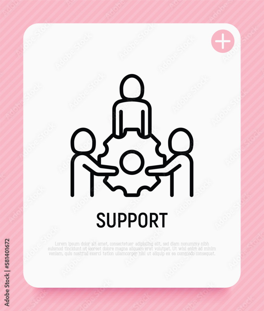 Fototapeta premium Support thin line icon. Group of people holding big cogwheel by hands. Teamwork, partnership, business cooperation. Modern vector illustration.
