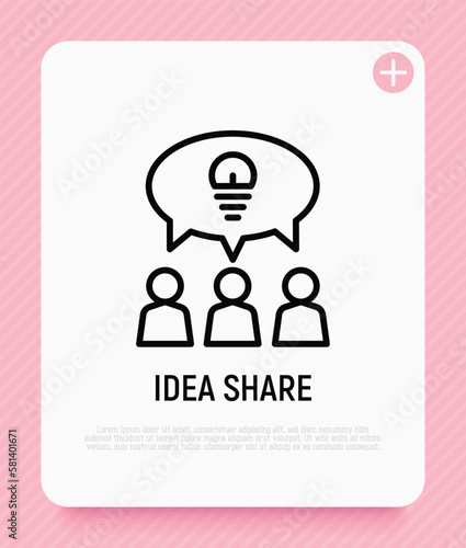 Idea sharing thin line icon. Group of people is brainstorming. Teamwork. Speech bubble with light bulb. Modern vector illustration.