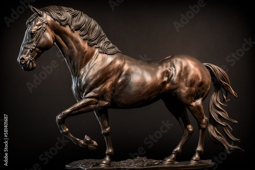 Escultura de caballo de bronce con detalles intrincados estilo realista, iluminación de estudio sobre fondo oscuro, generative ai.